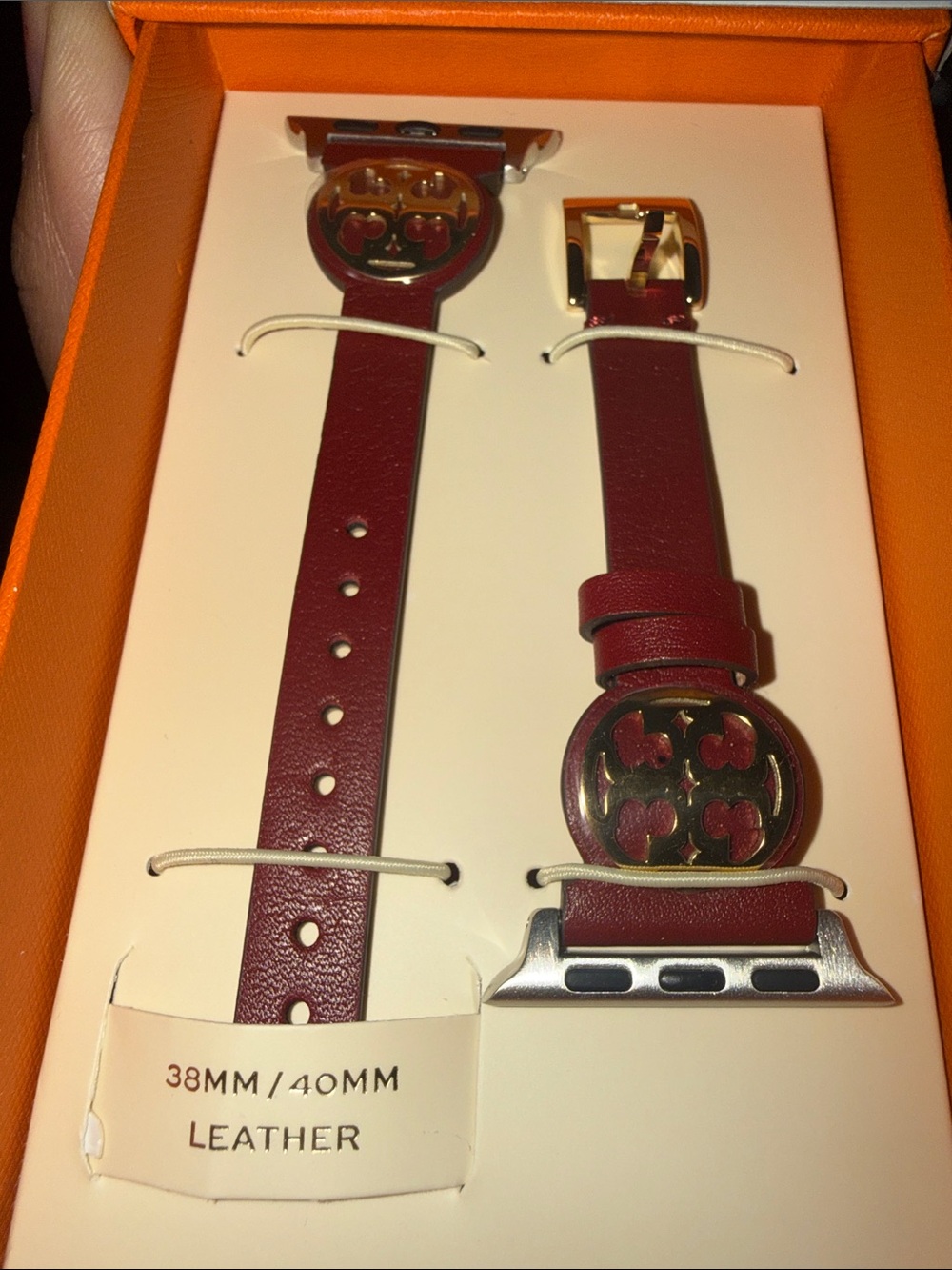 Tory Burch Red Leather Apple Watch Band with Gold Heart Medallions - 38/40mm